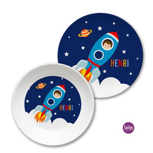 Kindergeschirr Rakete personalisiert | Levar Design  | Kinderteller mit Namen aus Melamin BPA frei | Artikelnummer: 7665-5217-2406 -2
