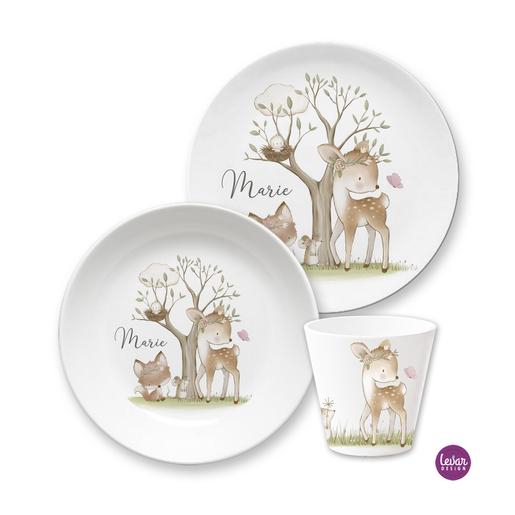 Kindergeschirrset Waldtiere | Kinderteller, Trinkbecher mit Namen aus Melamin BPA frei | Artikelnummer: 596723