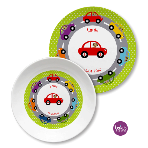 Kindergeschirr Autos personalisiert | Levar Design | Kinderteller mit Namen aus Melamin BPA frei | Artikelnummer: 54153335 -2