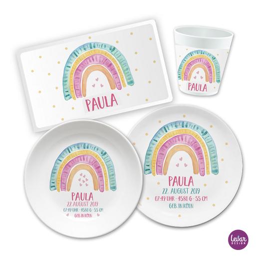 Geburtsteller Taufteller Geschenk Baby, Regenbogen | Kinderteller mit Geburtsdaten aus Melamin, BPA frei | Artikelnummer: 6728-8311-0183 -4