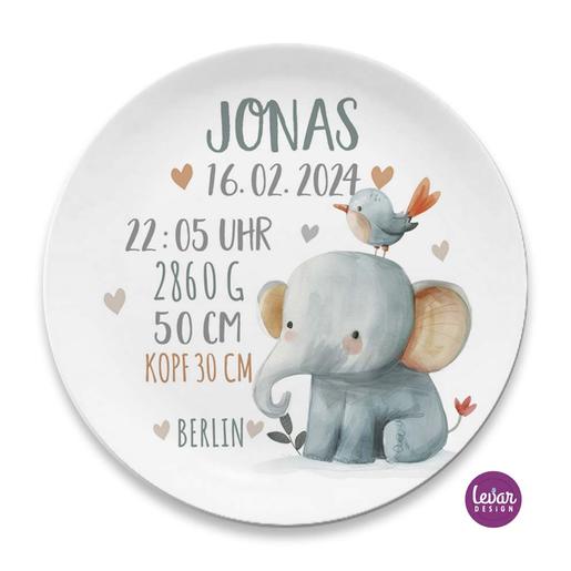 Geburtsteller, Taufteller Elefant für Kinder | Melaminteller mit Namen für Kinder | Hochwertiger Melaminteller | Artikelnummer: 2715-1541-1784 -6