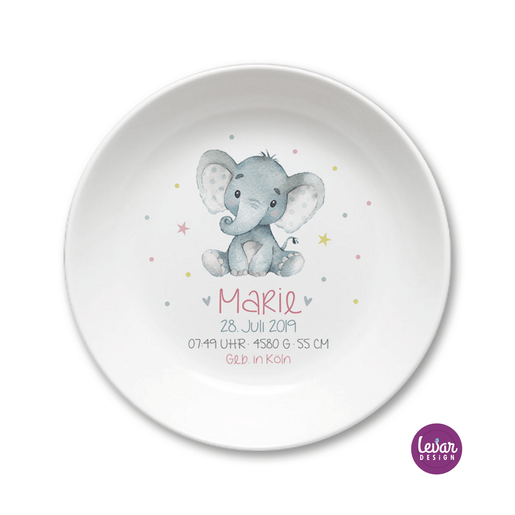 Personalisiertes Geschenk Baby zur Geburt | Geburtsteller – Taufgeschenk – Elefant | Baby Geschenk zur Geburt | Kinderteller mit Namen aus Melamin BPA frei | Artikelnummer: 58070255 -3