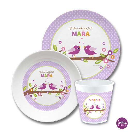 Kindergeschirr Set Vögel Dots  | Kinderteller, Trinkbecher mit Namen aus Melamin BPA frei | Artikelnummer: 124554991 -4