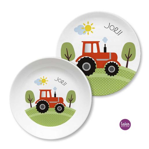 Kinderteller Geschirrset Traktor | Personalisiertes Kindergeschirr aus Melamin, 2 teilig | Artikelnummer: 7532-7603-1083 -1