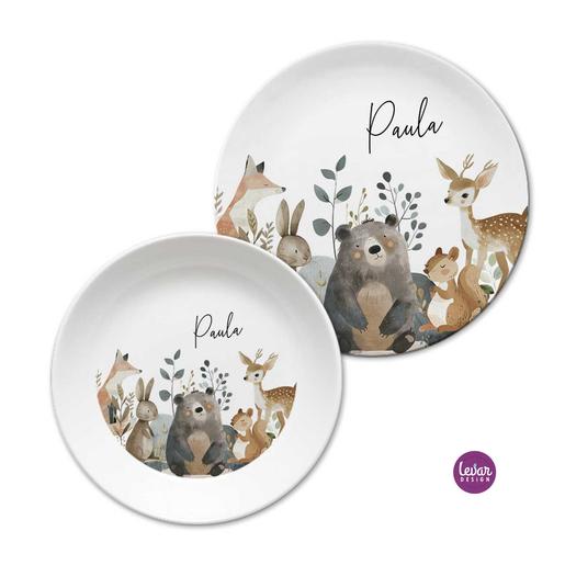 Kinderteller Geschirrset Waldtiere | Personalisiertes Kindergeschirr aus Melamin, 2 teilig, BPA frei | Artikelnummer: 7460-2724-8007