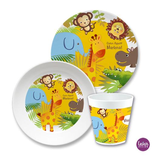 Kindergeschirr Set Dschungeltiere, Löwe, Elefant | Kinderteller, Trinkbecher mit Namen aus Melamin BPA frei | Artikelnummer: ki3ersetdschungel -2