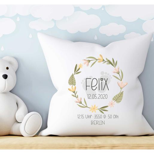 Personalisiertes Kissen | Blütenkranz  | Zauberhaftes Babkissen zur Geburt und Taufe | Artikelnummer: 6436-3605-4372