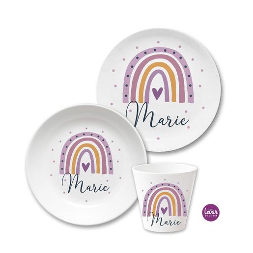 Personalisiertes Geschenk Baby zur Geburt | Geburtsteller – Taufgeschenk – Regenbogen | Baby Geschenke zur Geburt | Hochwertiges Kindergeschirr mit Geburtsdaten aus Melamin, BPA frei, 3 teilig | Artikelnummer: 2552-0827-0256 Kopie