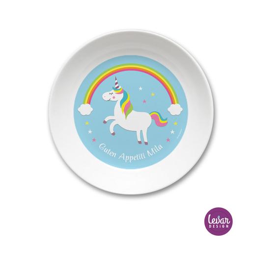 Melaminteller tief/Schale Einhorn | Kinderteller mit Namen BPA frei | Artikelnummer: kiteeinh1 -1