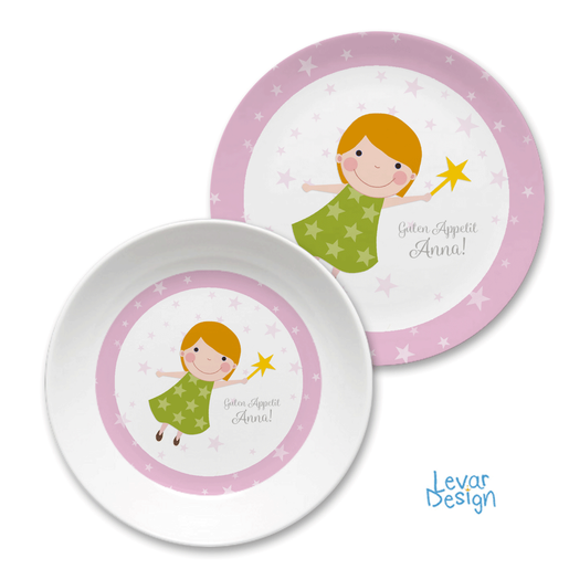 Kindergeschirr Set Fee  | Kinderteller mit Namen aus Melamin BPA frei | Artikelnummer: 121356959