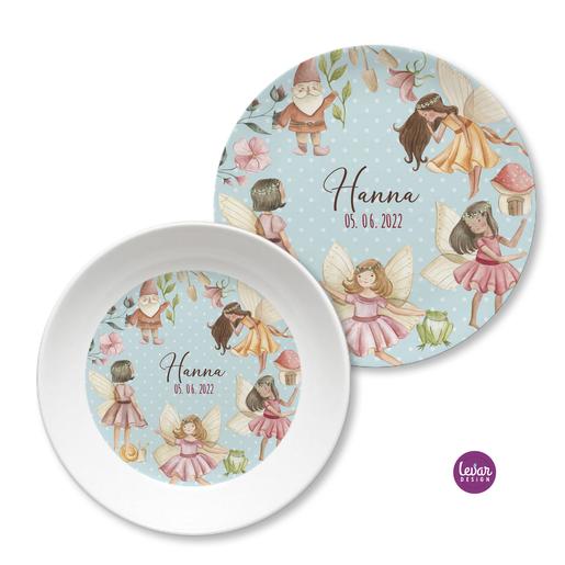 Kinderteller Set, Feenwelt | Kindergeschirr mit Namen aus Melamin BPA frei | Artikelnummer: 4572-0848-3675