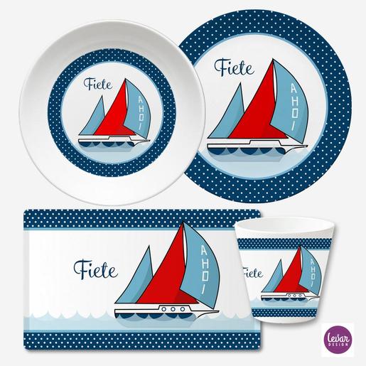 Kindergeschirr Set mit Namen personalisiert, Segelschiff | Geschirrset 4 teilig aus Melamin und BPA frei, hergestellt in Deutschland | Artikelnummer: 0477-8681-7163 -1