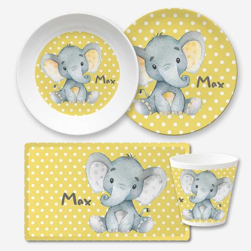 Kindergeschirrset 4 teilig, Elefant | Geschirr aus Melamin und BPA frei, hergestellt in Deutschland | Artikelnummer: 6002-6208-4780 -3