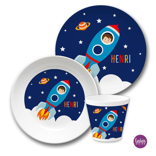 Kindergeschirr Set Rakete  | Kinderteller, Trinkbecher mit Namen aus Melamin BPA frei | Artikelnummer: kischp1 -2