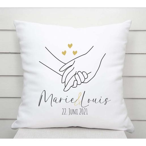 Kissen Hochzeitsgeschenk | Geschenkidee zur Hochzeit, Hochzeitstag, zum Valentinstag | Kissen mit Namen, Datum und Füllung - Hände | Artikelnummer: 3766-1334-4118 -1