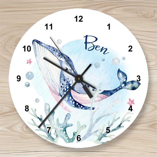 Personalisierte Wanduhr Meerestiere Wal | Runde Kinderzimmeruhr | Artikelnummer: 2142-3732-2418