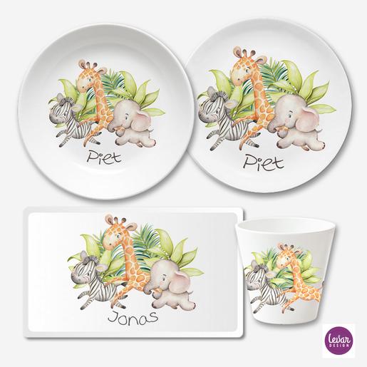 Kindergeschirr Set mit Namen personalisiert, Dschungel Tiere | 4 teiliges Geschirrset aus Melamin und BPA frei, hergestellt in Deutschland | Artikelnummer: 3216-1007-4557