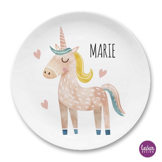 Einhorn Kindergeschirr personalisiert | Kinderteller mit Namen aus Melamin BPA frei | Artikelnummer: kgeint1 -5