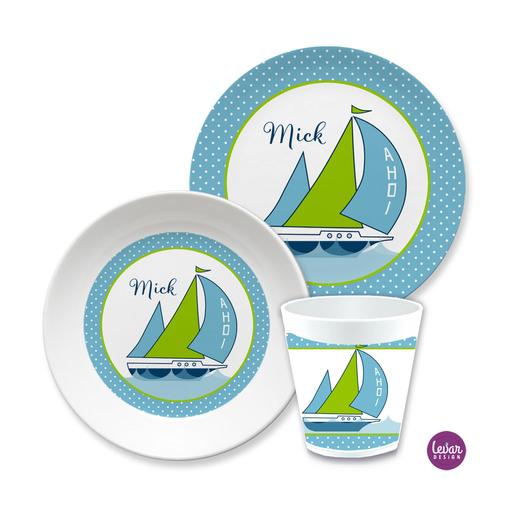 Kindergeschirrset Segelschiff Geschenk Taufe Geburt | Kinderteller, Trinkbecher mit Namen aus Melamin BPA frei | Artikelnummer: 596721 -2