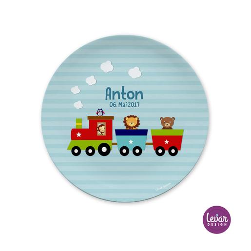 Personalisierter Kinderteller Eisenbahn | Teller mit Namen aus Melamin | Artikelnummer: kiteflei18