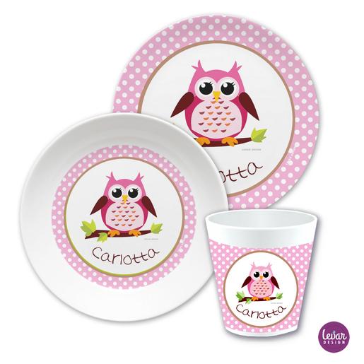 Kindergeschirr Eule Dots  | Kinderteller, Trinkbecher mit Namen aus Melamin BPA frei | Artikelnummer: kigbrem1 -5