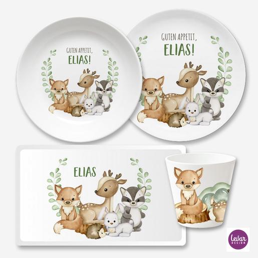 Kinder Geschirr Set mit Namen ❤ Waldtiere | Melamingeschirr Set, BPA frei, hergestellt in Deutschland  | Artikelnummer: 3413-7554-3263
