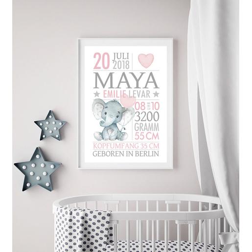 Personalisiertes Geschenk Baby zur Geburt – Taufgeschenk – Elefant | Baby Geschenke zur Geburt | Geburtsanzeige Elefant Namensbild  | Artikelnummer: 76232260 -1