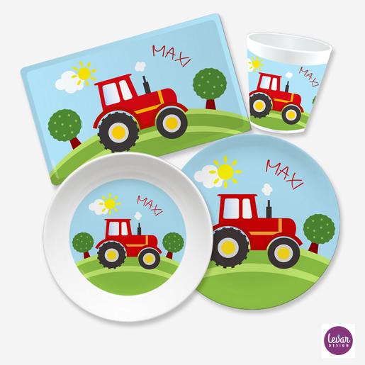 Kindergeschirr Set Traktor  | Brettchen, Becher, und 2 Teller mit Namen aus Melamin, BPA frei | Artikelnummer: 6305-0380-3843 -1