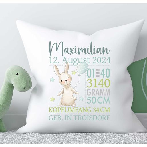  Baby Kissen - Geburtskissen Hase  | Kinderkissen personalisiert mit dem Namen und Geburtsdaten | Artikelnummer: 560139