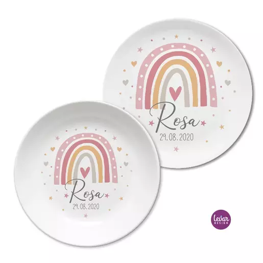 Personalisiertes Geschenk Baby zur Geburt | Geburtsteller – Taufgeschenk – Regenbogen | Baby Geschenke zur Geburt | Personalisiertes Kindergeschirr aus Melamin, 2 teilig, BPA frei | Artikelnummer: 1205-6018-4060 -5