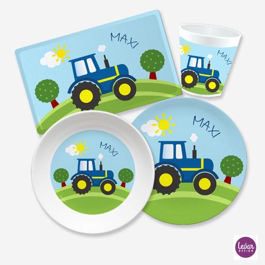 Kindergeschirr Set Traktor  | Brettchen, Becher, und 2 Teller mit Namen aus Melamin, BPA frei | Artikelnummer: 6305-0380-3843 -2
