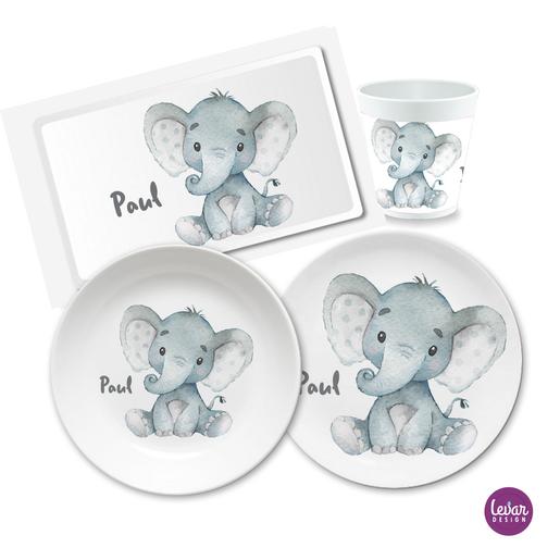 Kindergeschirr mit Namen personalisiert, Babyelefant | Geschirrset aus Melamin und BPA frei und hergestellt in Deutschland | Artikelnummer: 1806-0452-6725