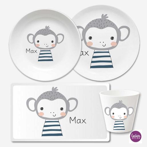 Kindergeschirr Set mit Namen personalisiert, Affe | 4 teiliges Geschirrset aus Melamin und BPA frei, hergestellt in Deutschland | Artikelnummer: 3354-0223-2818