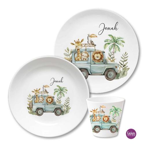 Kindergeschirr Set Safari Tiere | Kinderteller + Trinkbecher, 3teiliges Geschirrset aus Melamin und BPA frei für Kinder | Artikelnummer: 1343-5188-8652