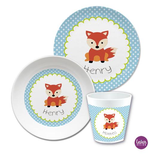 Kindergeschirr Set Löwe Dots  | Kinderteller, Trinkbecher mit Namen aus Melamin BPA frei | Artikelnummer: ki3setloeweabc -2