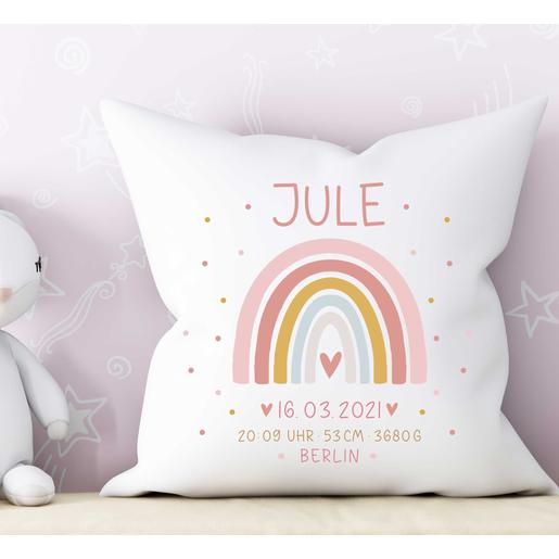 Baby Kissen Regenbogen mit Namen, Geburtsdaten | Zauberhaftes Kissen mit Füllung, 2 farbig | Artikelnummer: 6722-4673-5224 -1