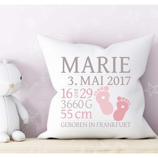 Baby Kissen Babyfüße mit Füllung  | Zauberhaftes Namenskissen zur Geburt und Taufe mit Geburtsdaten | Artikelnummer: 560127 -2