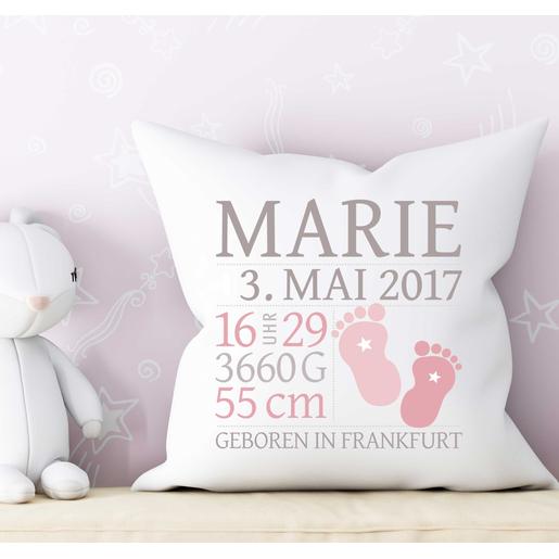 Baby Kissen Babyfüße mit Füllung  | Zauberhaftes Namenskissen zur Geburt und Taufe mit Geburtsdaten | Artikelnummer: 560127 -2