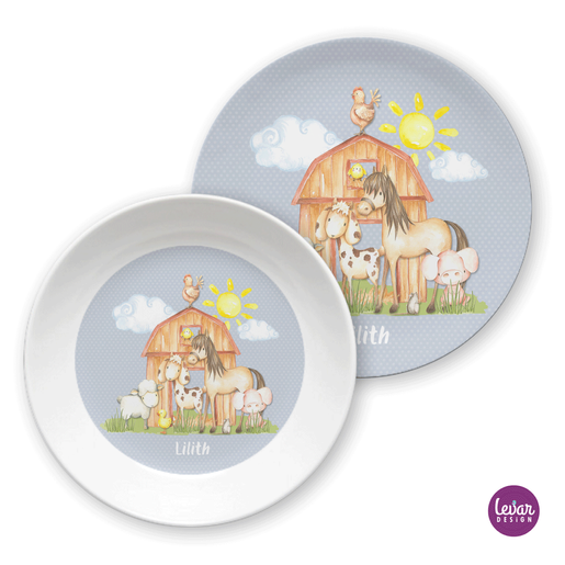 Kindergeschirr Set Bauernhof Pferd, Kinderteller | Kinderteller mit Namen aus Melamin BPA frei | Artikelnummer: 51499110 -3