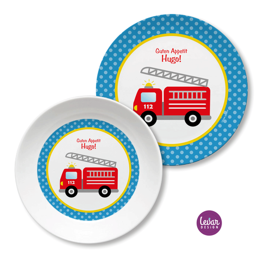 Kindergeschirr Set Feuerwehr  | Kinderteller mit Namen aus Melamin BPA frei | Artikelnummer: kisetfeuer