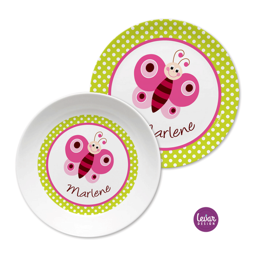 Kindergeschirr Schmetterling personalisiert | Levar Design  | Kinderteller mit Namen aus Melamin BPA frei | Artikelnummer: ki2set schmett -1