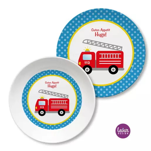 Kindergeschirr Set Feuerwehr  | Kinderteller, Trinkbecher mit Namen aus Melamin BPA frei | Artikelnummer: kgfeu1 -1