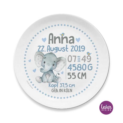 Geschenk zur Geburt - Geburtsteller Taufteller – Elefant | Kinderteller mit Geburtsdaten aus Melamin BPA frei | Artikelnummer: 4343-3438-2213