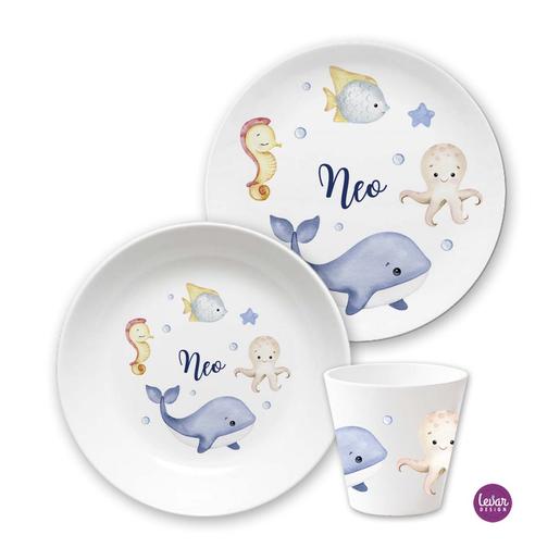 Kinder Geschirr Set  Unterwasserwelt | Kinderteller, Trinkbecher mit Namen aus Melamin BPA frei | Artikelnummer: 124555119  -8