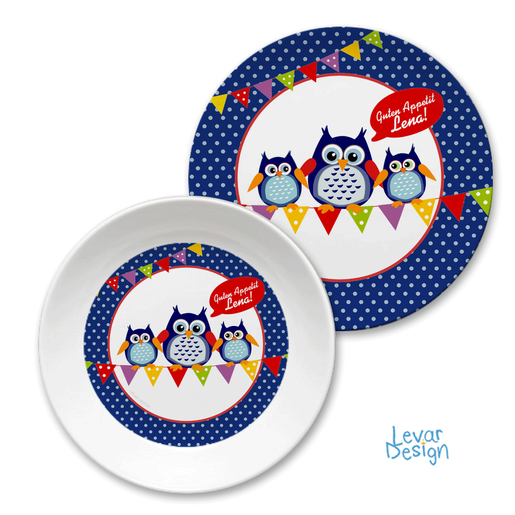 Kindergeschirr Eulen Wimpel | Kinderteller mit Namen aus Melamin BPA frei | Artikelnummer: 124554847 -1