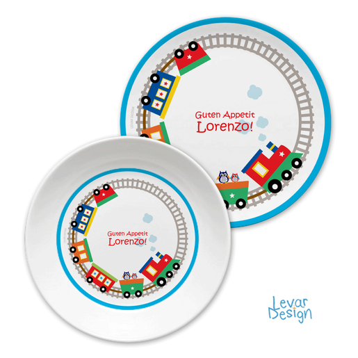 Kindergeschirr Eisenbahn personalisiert | Levar Design | Kinderteller mit Namen aus Melamin BPA frei | Artikelnummer: 125441427 -1