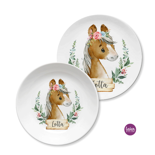 Kindergeschirr Pony personalisiert | Levar Design | Personalisiertes Kindergeschirr aus Melamin, 2 teilig | Artikelnummer: 0132-4505-2076 -2