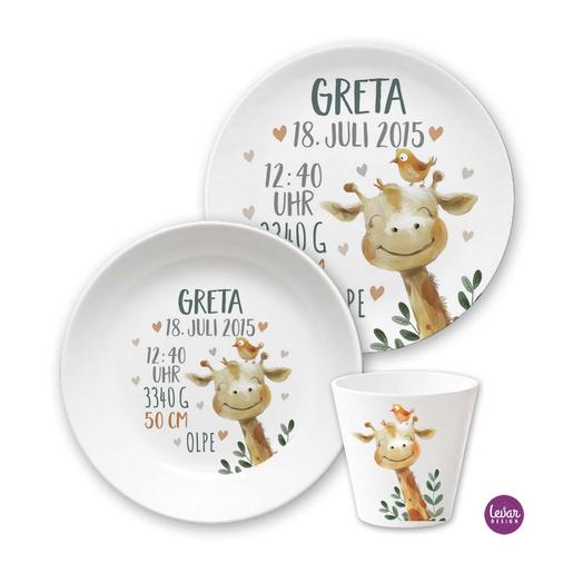 Geburtsteller 3er Set Elefant, Krokodil, Pinguin, Zebra | Kinderteller, Becher mit Geburtsdaten aus Melamin, BPA frei | Artikelnummer: GAPB-3SET -1