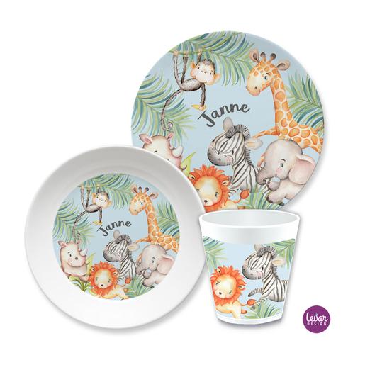 Kindergeschirr Set Dschungeltiere, Löwe, Zebra | 3teiliges Geschirrset aus Melamin und BPA frei für Kinder | Artikelnummer: 3060-0461-5731 -6