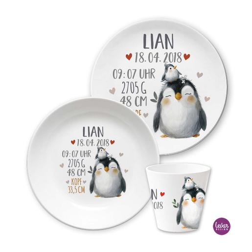 Geburtsteller 3er Set Elefant, Krokodil, Pinguin, Zebra | Kinderteller, Becher mit Geburtsdaten aus Melamin, BPA frei | Artikelnummer: GAPB-3SET -3